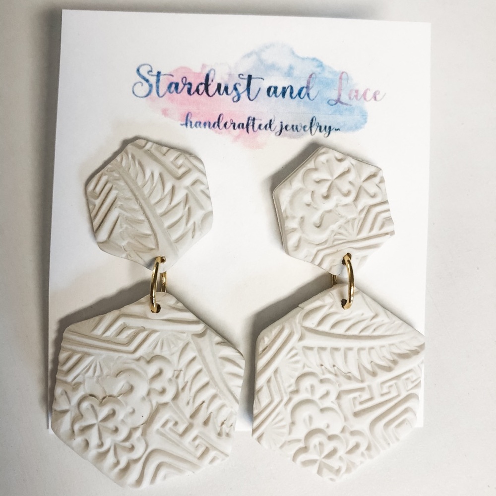 Hexagon Flower Embossed Clay Earrings